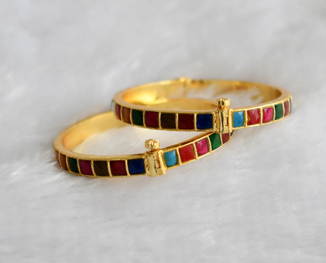 Gold tone navarathna kundan jadau screw type bangles(2.6) dj-48991