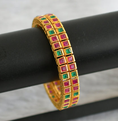 Gold tone  ruby-green block stone bangles(2.4) dj-47881