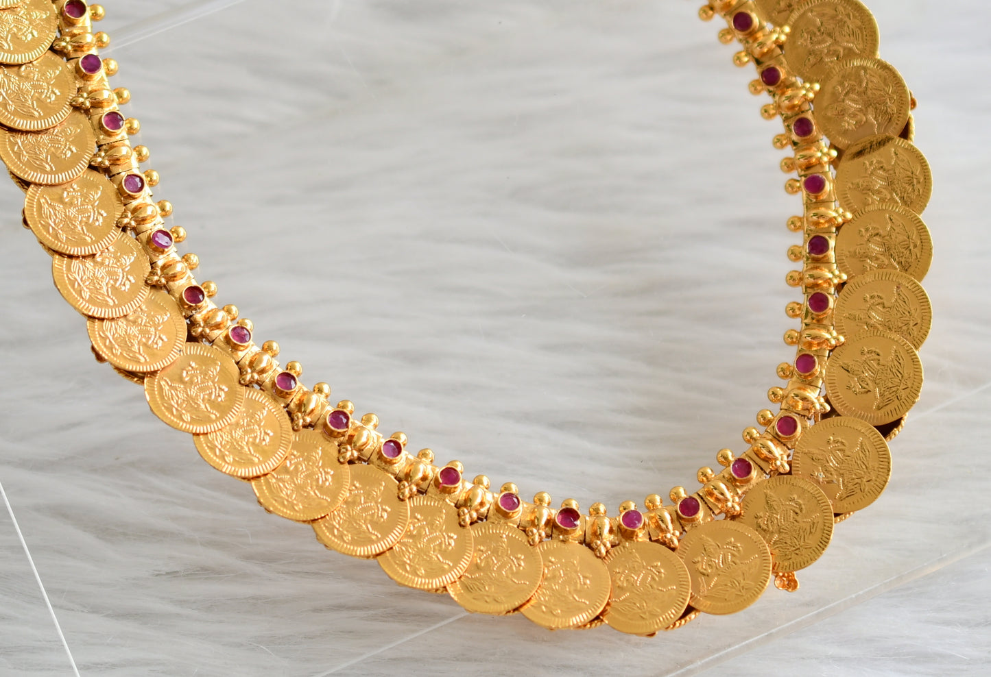 Gold tone ruby-green mango-lakshmi coin reversible necklace dj-44469