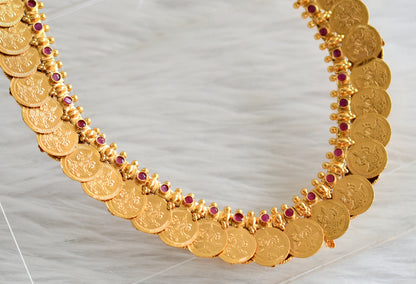 Gold tone ruby-green mango-lakshmi coin reversible necklace dj-44469