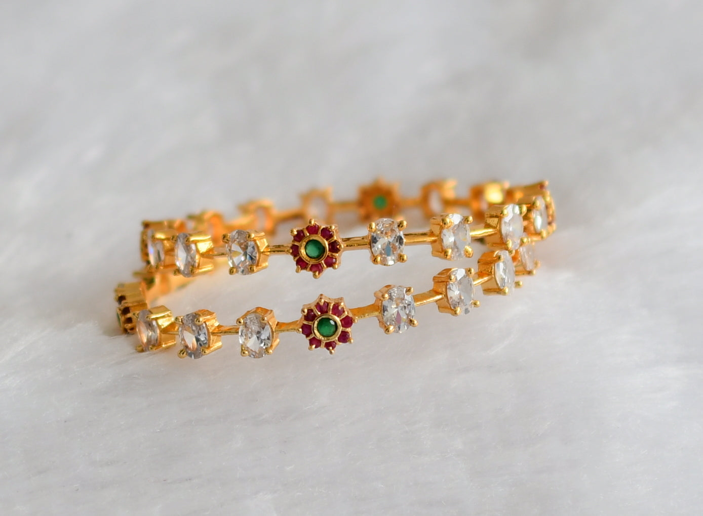 Gold tone cz ruby-green-white oval flower bangles(2.4) dj-46288