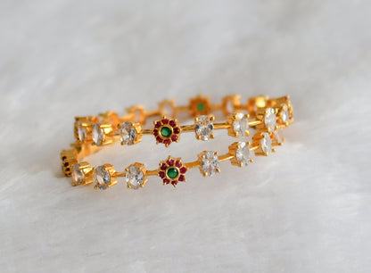 Gold tone cz ruby-green-white oval flower bangles(2.6) dj-46289