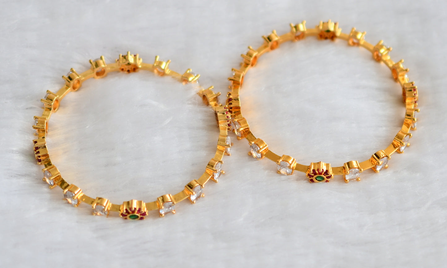 Gold tone cz ruby-green-white oval flower bangles(2.8) dj-46290