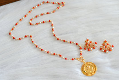 Gold tone pearl-coral chain with Lakshmi pendant and earrings dj-43006
