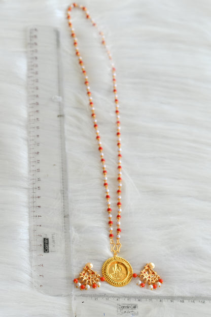 Gold tone pearl-coral chain with Lakshmi pendant and earrings dj-43006