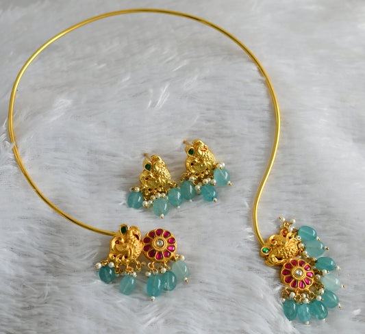 Matte gold tone Pink-white-blue kundan jadau peacock hasli necklace set dj-43156