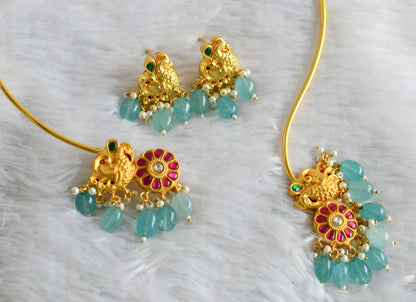 Matte gold tone Pink-white-blue kundan jadau peacock hasli necklace set dj-43156