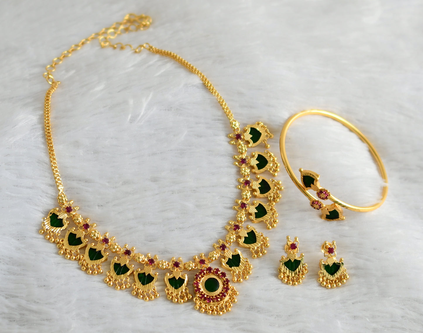 Gold tone pink-green palakka necklace combo set dj-45539