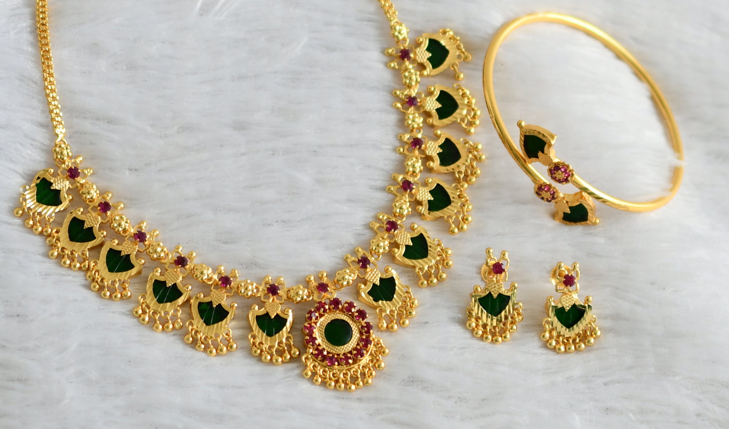 Gold tone pink-green palakka necklace combo set dj-45539