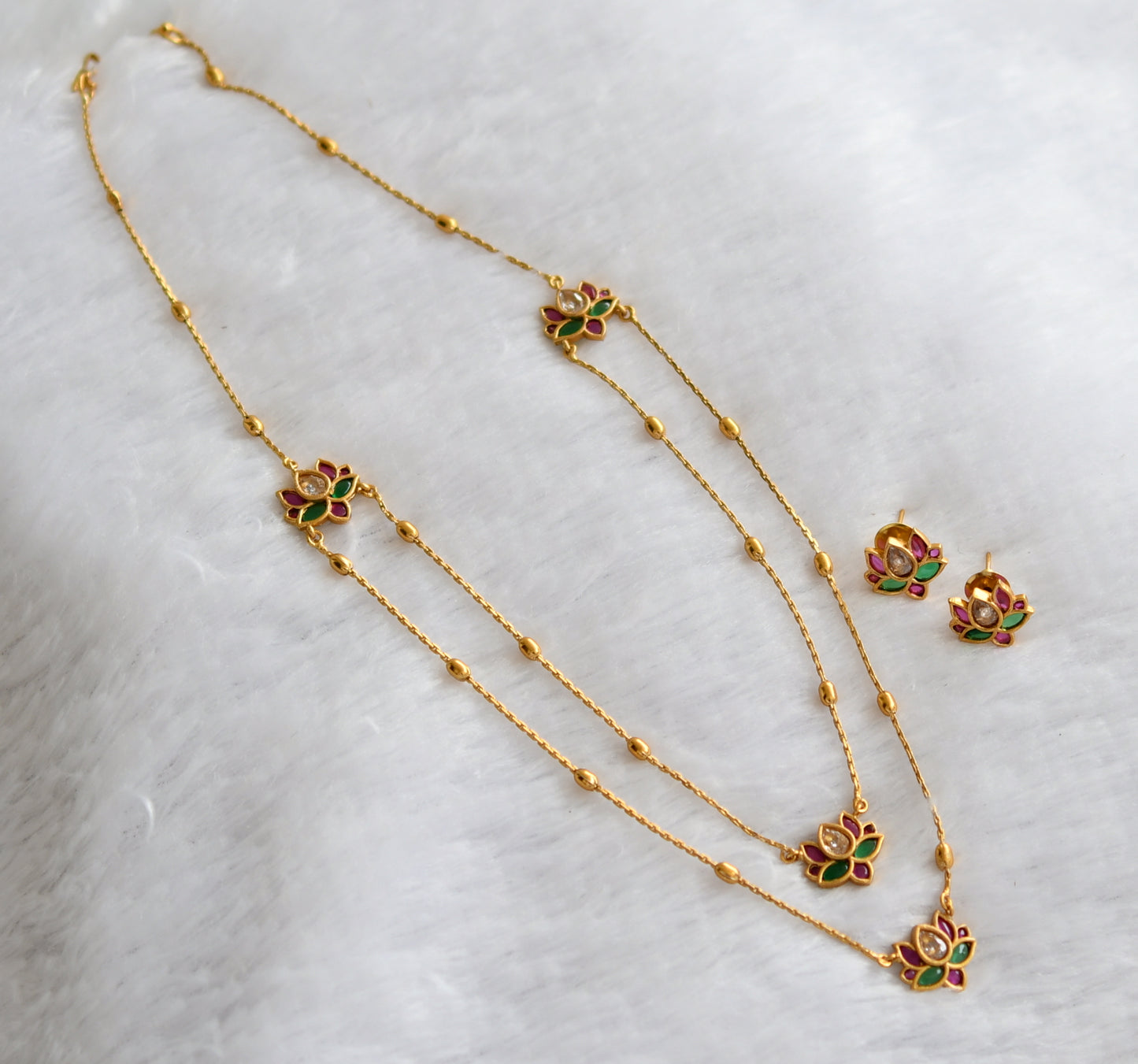 Matte finish kemp-green-white lotus double layer necklace set dj-46321