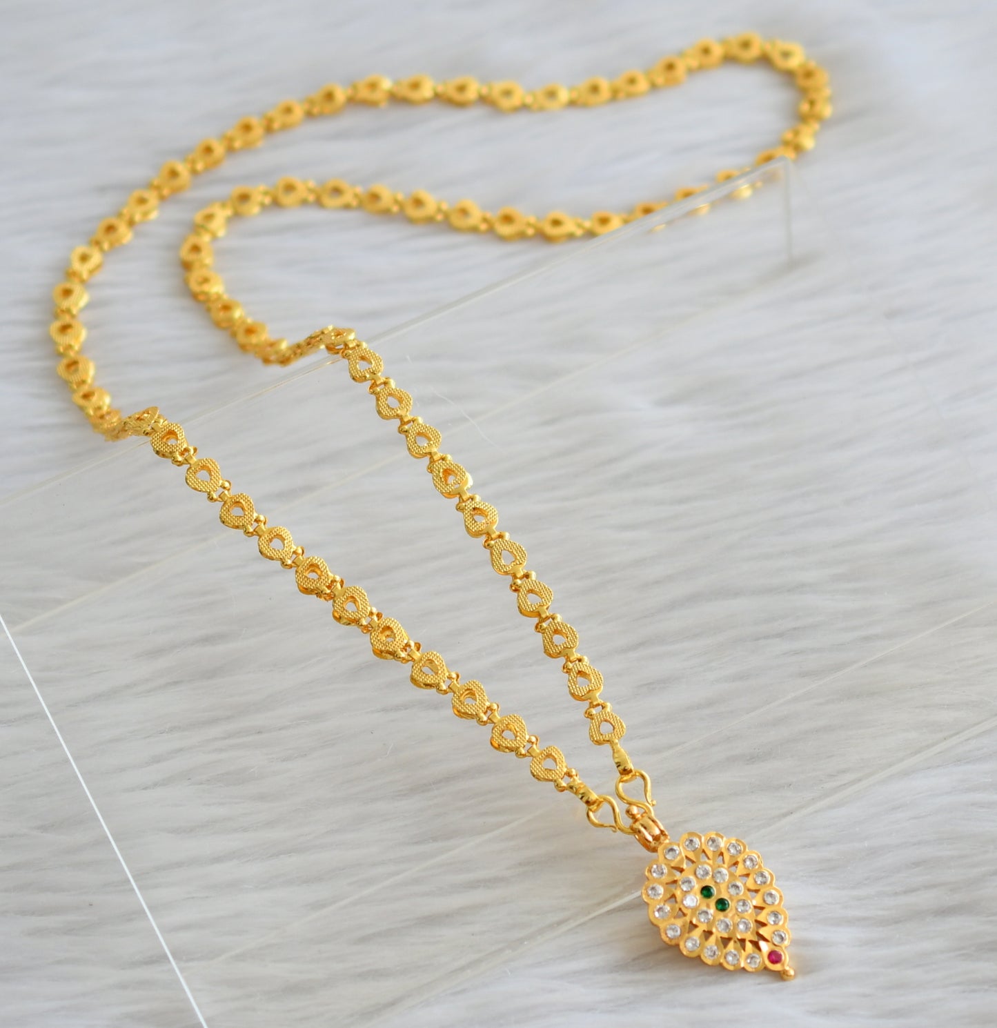 Gold tone 24 inches heart chain with south indian ad pink-green-white pendant dj-44503