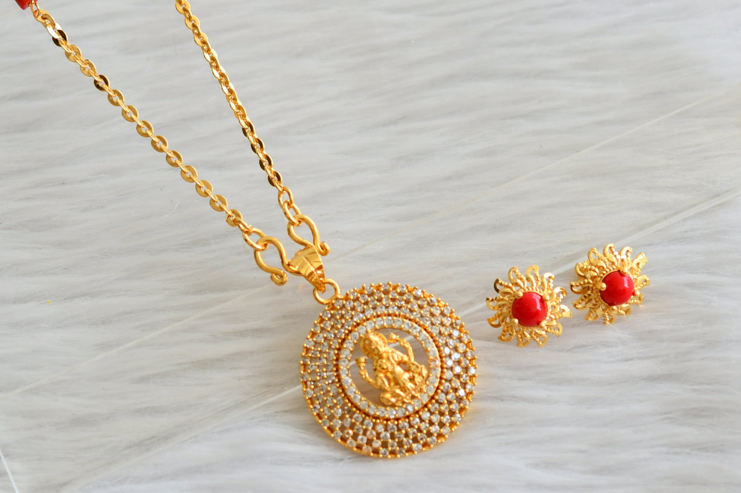 Gold tone 24 inches coral chain with cz white lakshmi round pendant set dj-44493