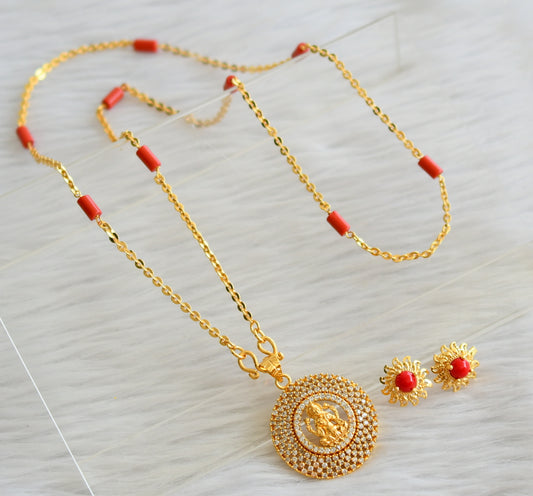 Gold tone 24 inches coral chain with cz white lakshmi round pendant set dj-44493