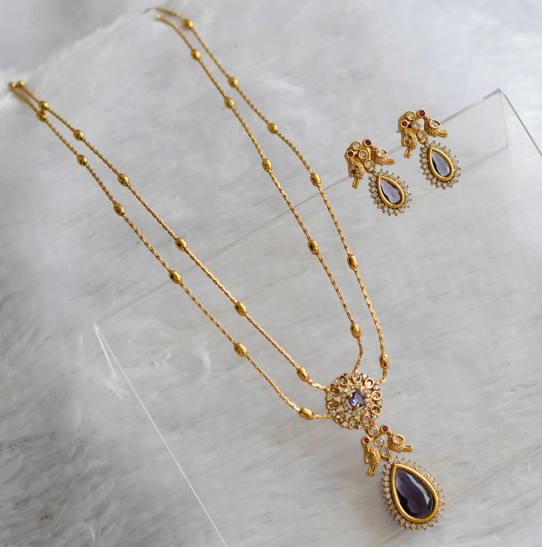 Matte finish purple-white thilak stone double layer necklace set