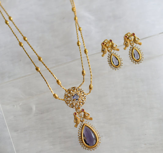 Matte finish purple-white thilak stone double layer necklace set dj-46325