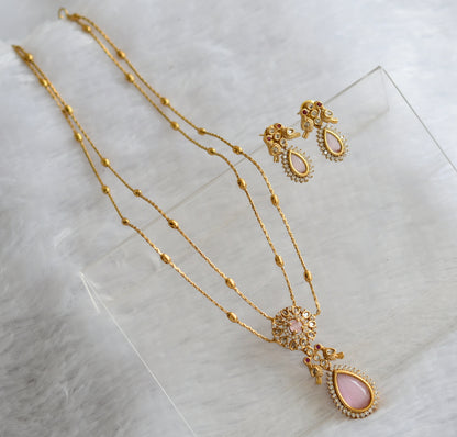 Matte finish baby pink-white thilak stone double layer necklace set dj-46326