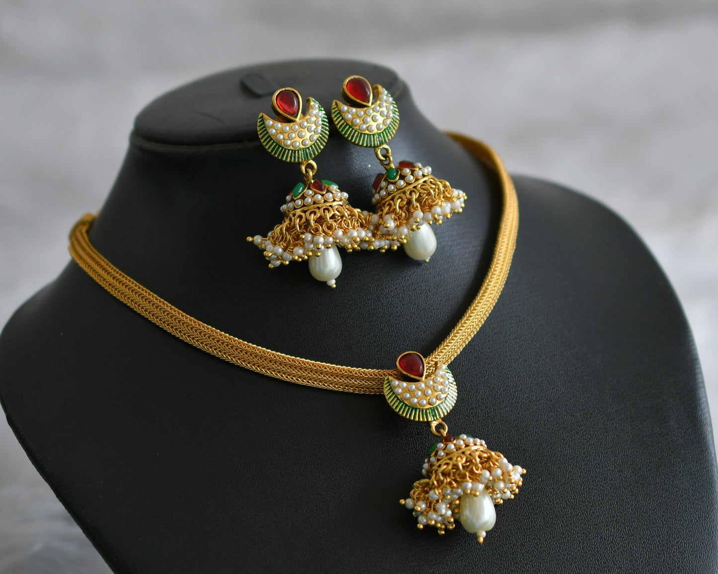 Antique gold tone Pink-green Pearl Jhumkka necklace  Set DJ23178