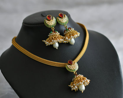 Antique gold tone Pink-green Pearl Jhumkka necklace  Set DJ23178