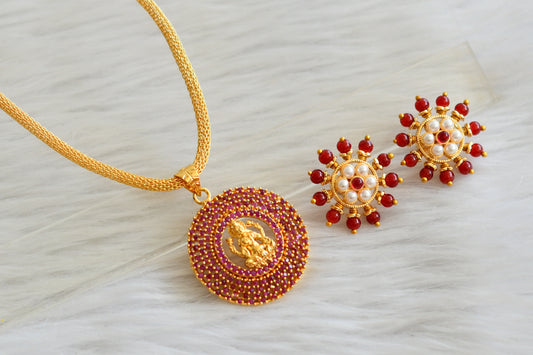 Gold tone 24 inches chain with ruby-pearl lakshmi round pendant set dj-44497