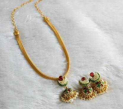 Antique gold tone Pink-green Pearl Jhumkka necklace  Set DJ23178