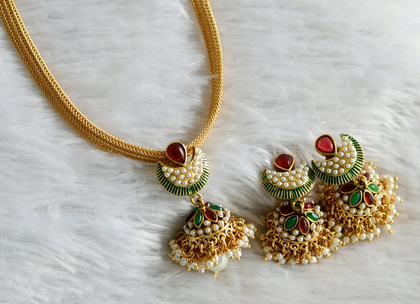 Antique gold tone Pink-green Pearl Jhumkka necklace  Set DJ23178