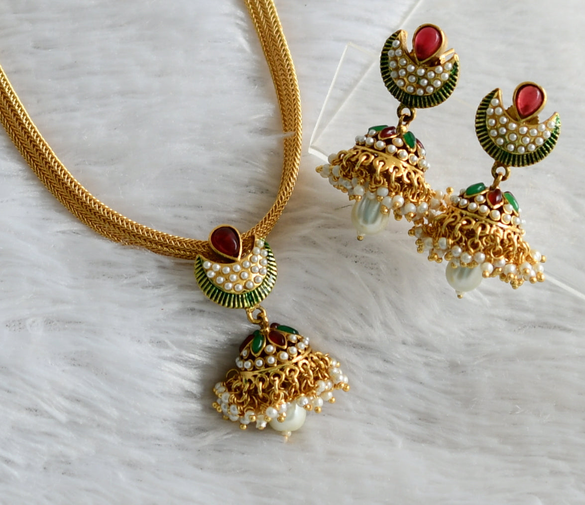 Antique gold tone Pink-green Pearl Jhumkka necklace  Set DJ23178