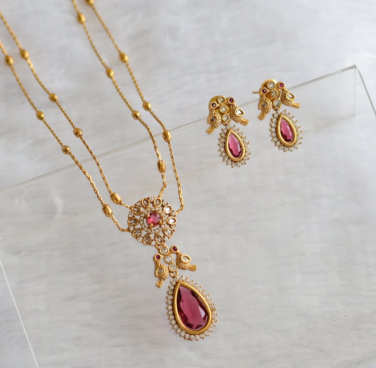 Matte finish magenta pink-white thilak stone double layer necklace set dj-46328