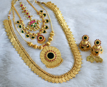 Gold tone pink-green palakka lotus-lakshmi coin Kerala style bridal set dj-39896