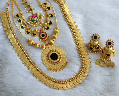 Gold tone pink-green palakka lotus-lakshmi coin Kerala style bridal set dj-39896