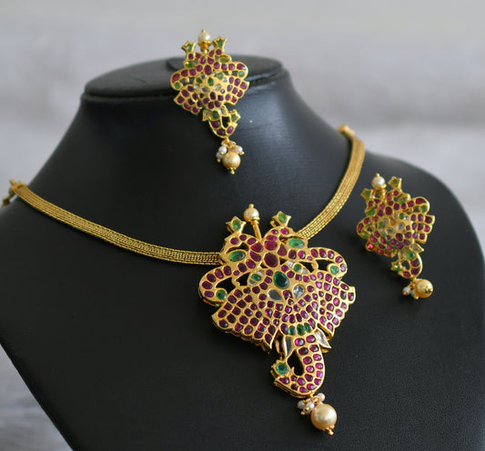 Gold Tone Uncut Polki Pink-green Peacock Ganesha Pearl Necklace Set DJ29869