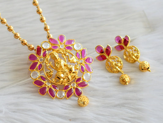 Gold tone ball chain with uncut ruby polki gajalakshmi pendant set dj-44488