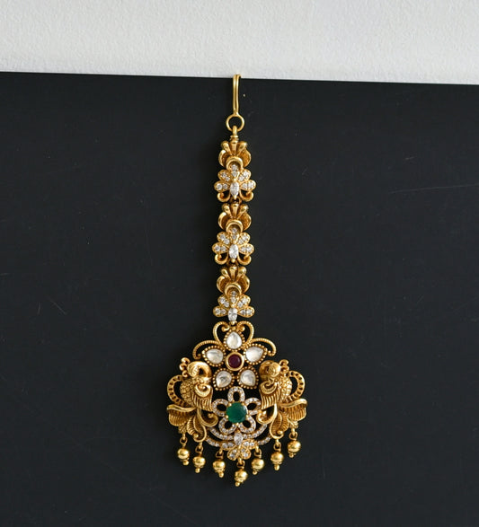 Antique gold tone cz-ruby-green peacock nakshi tikka dj-49832