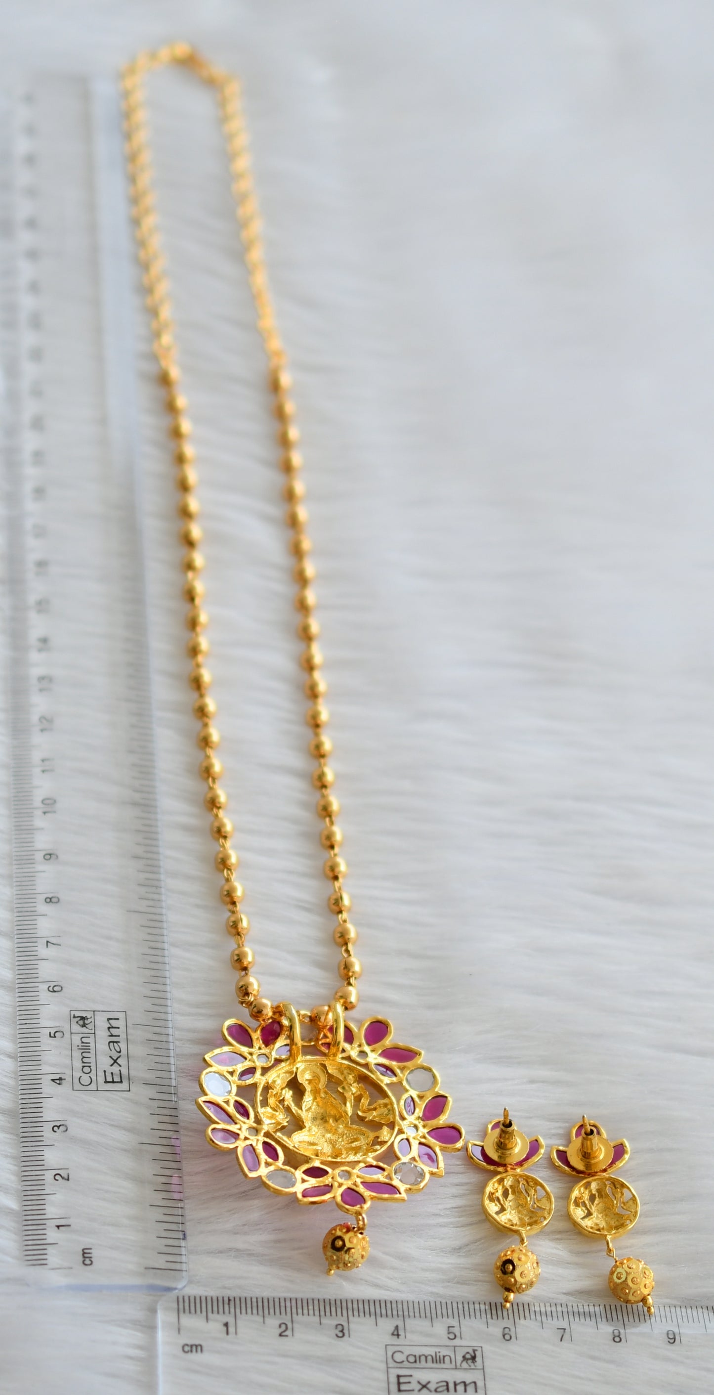 Gold tone ball chain with uncut ruby polki gajalakshmi pendant set dj-44488