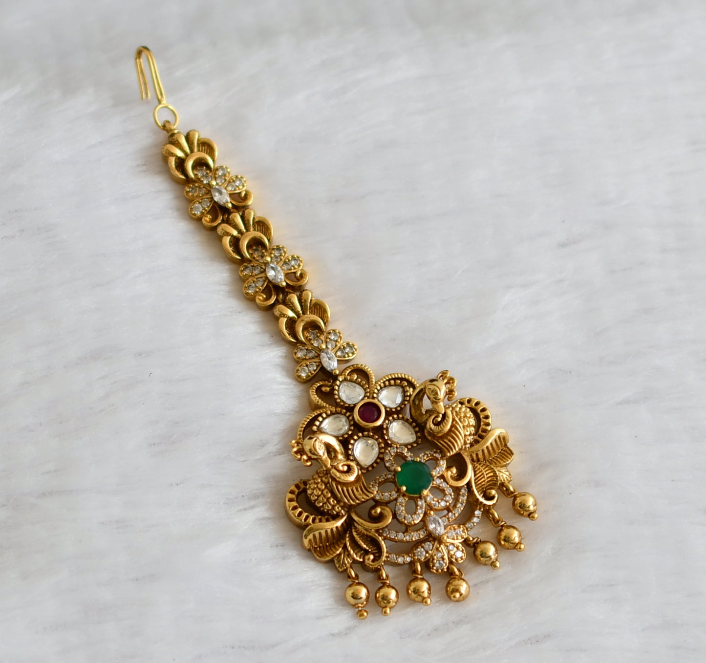 Antique gold tone cz-ruby-green peacock nakshi tikka dj-49832