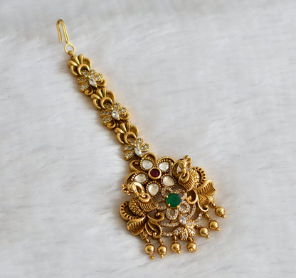 Antique gold tone cz-ruby-green peacock nakshi tikka dj-49832