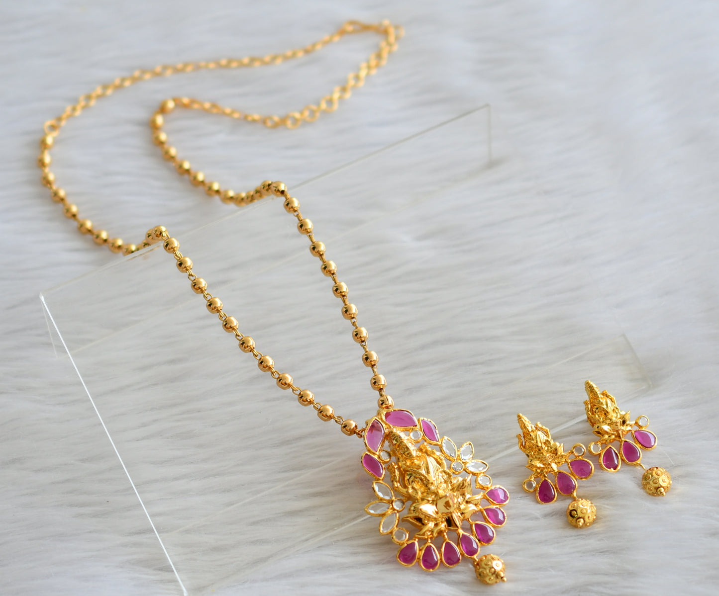 Gold tone ball chain with uncut ruby polki lakshmi pendant set dj-44487