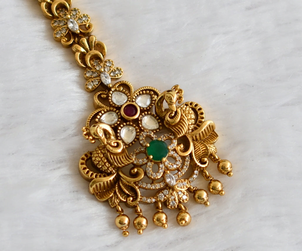 Antique gold tone cz-ruby-green peacock nakshi tikka dj-49832