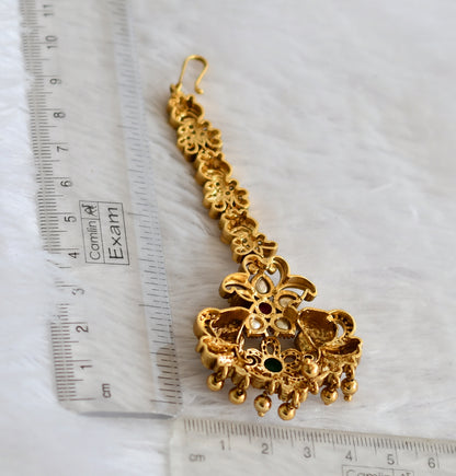 Antique gold tone cz-ruby-green peacock nakshi tikka dj-49832