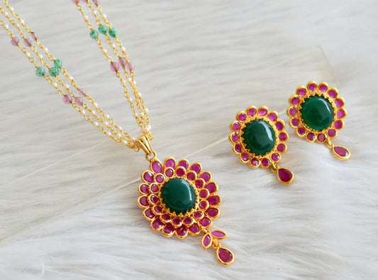 Gold tone multi color pearl chain with uncut ruby-green polki pendant set dj-44492