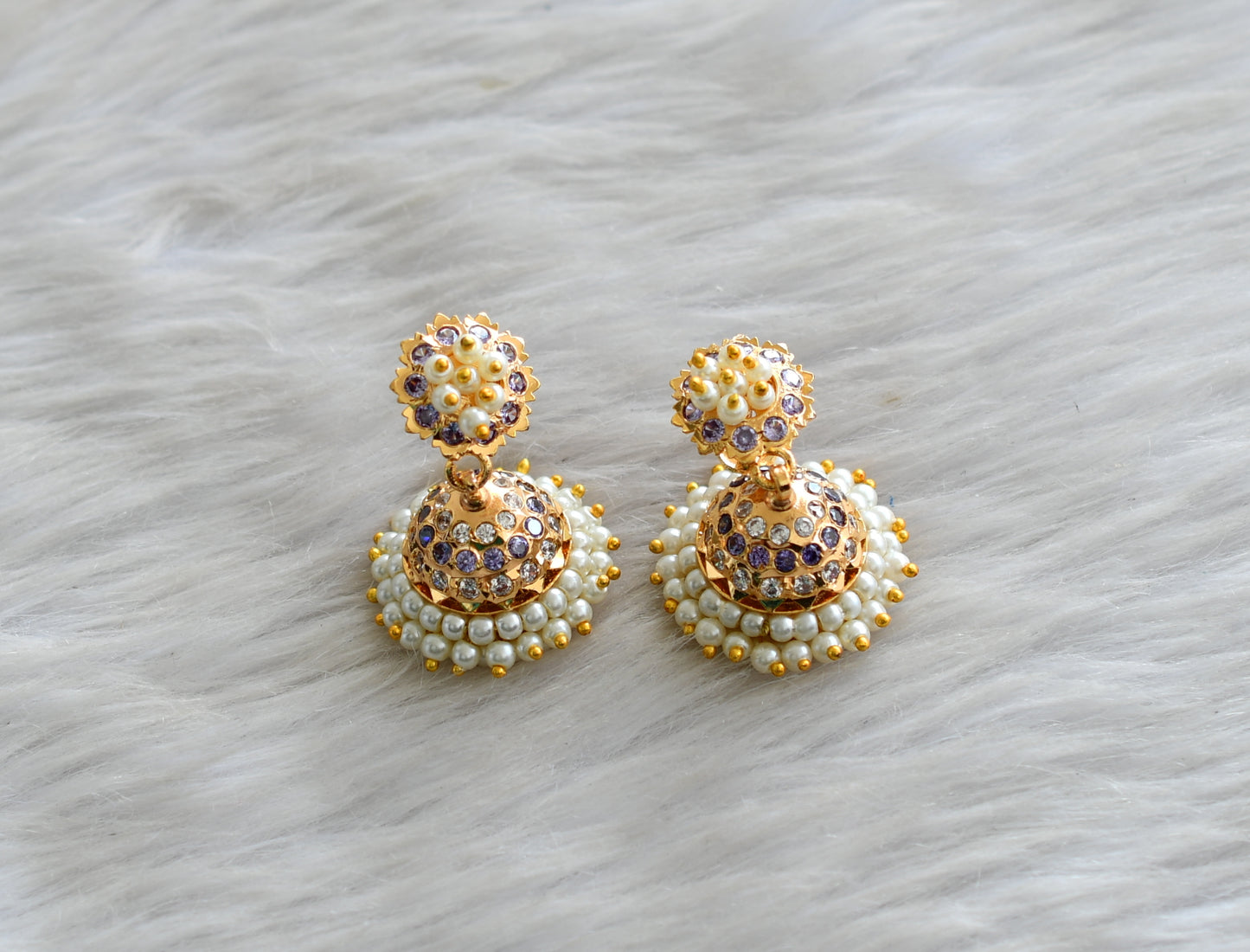 Gold tone South Indian style purple-white pearl jhumkka dj-43031