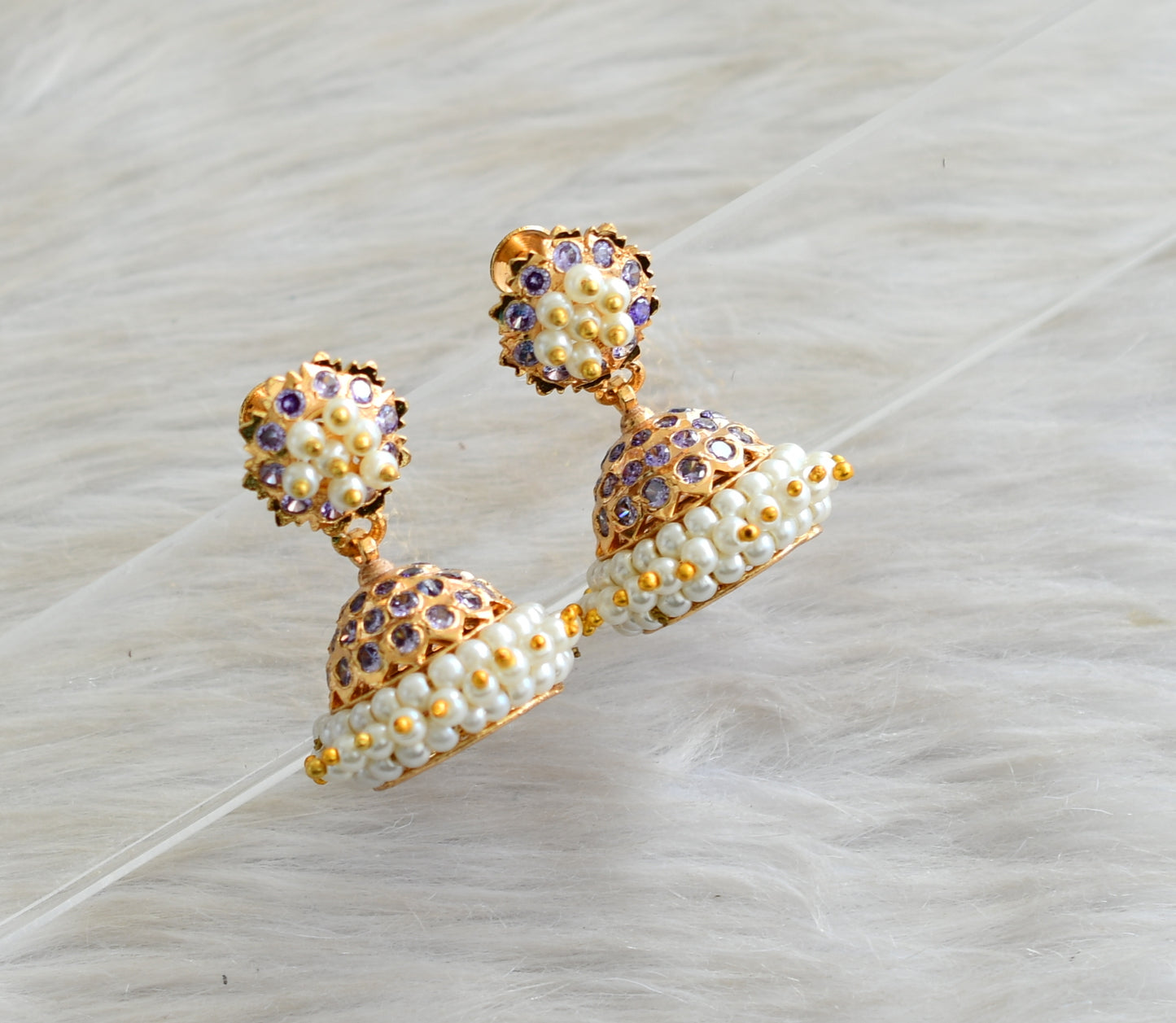 Gold tone South Indian style purple pearl jhumkka dj-43033