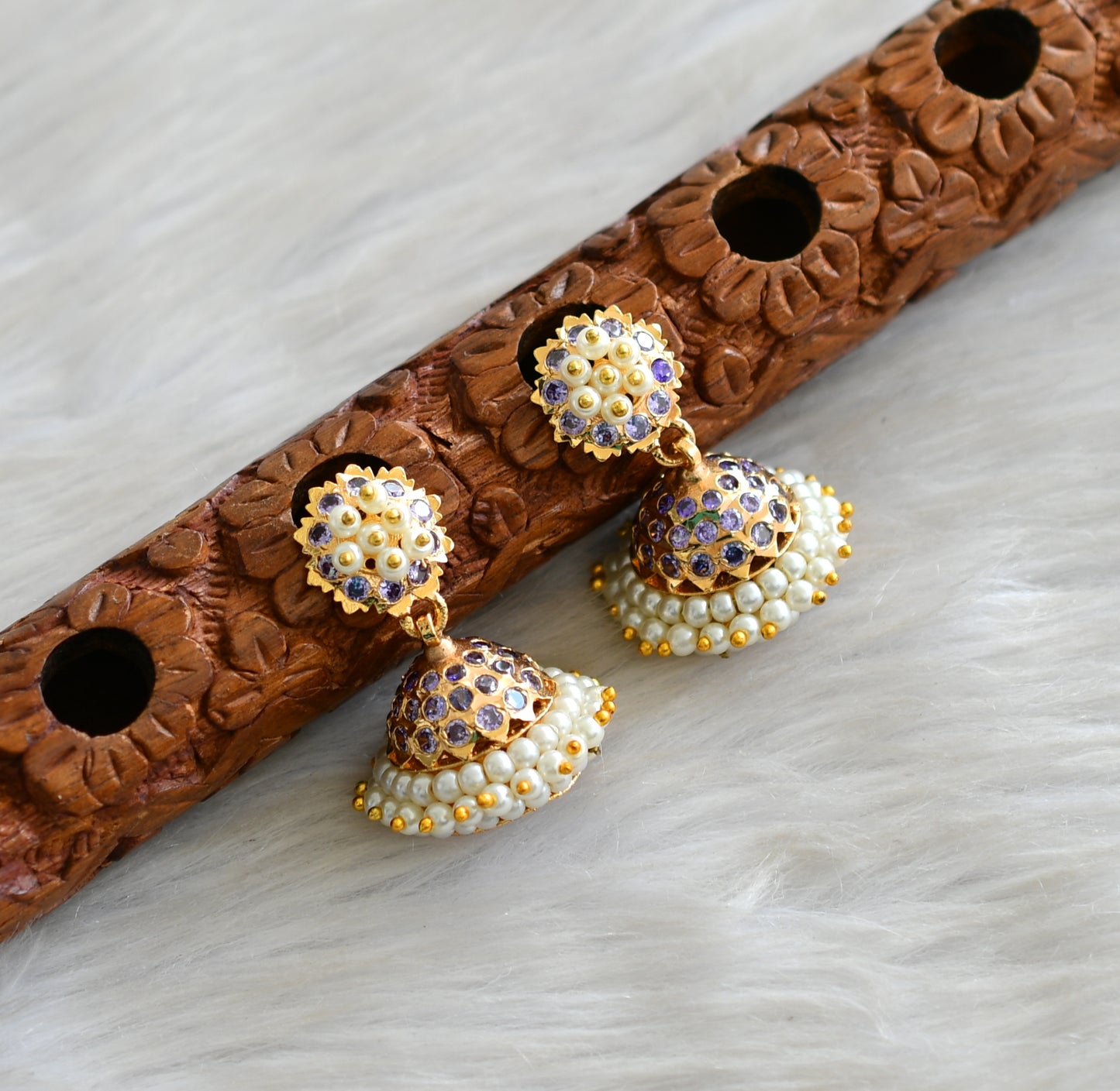 Gold tone South Indian style purple pearl jhumkka dj-43033