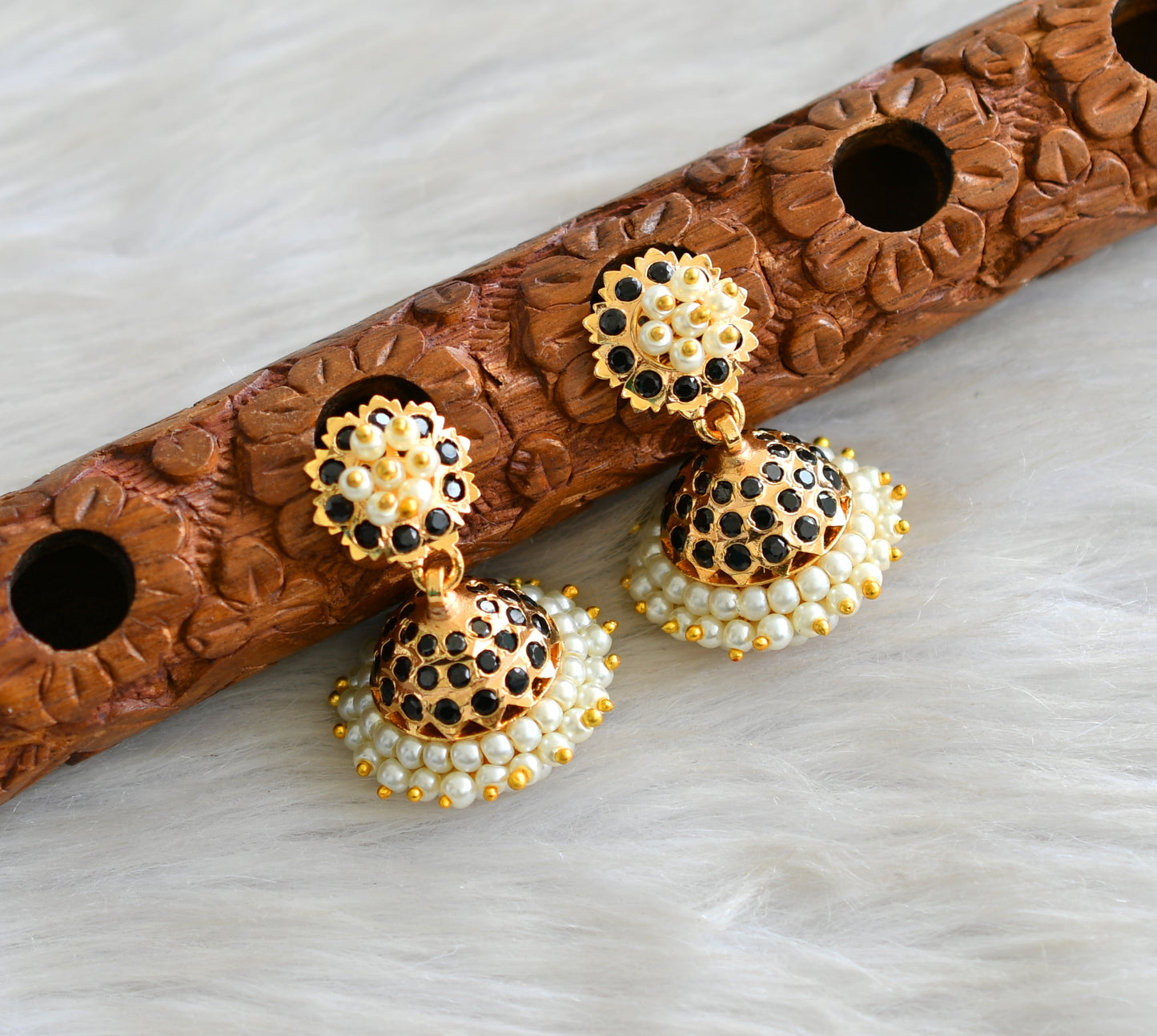 Gold tone South Indian style black pearl jhumkka dj-43034