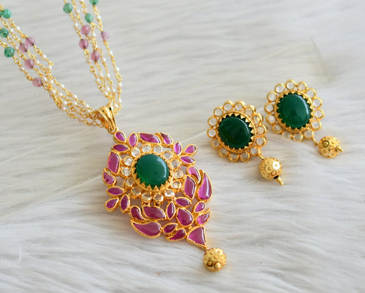 Gold tone multi color pearl chain with uncut ruby-green polki pendant set dj-44489