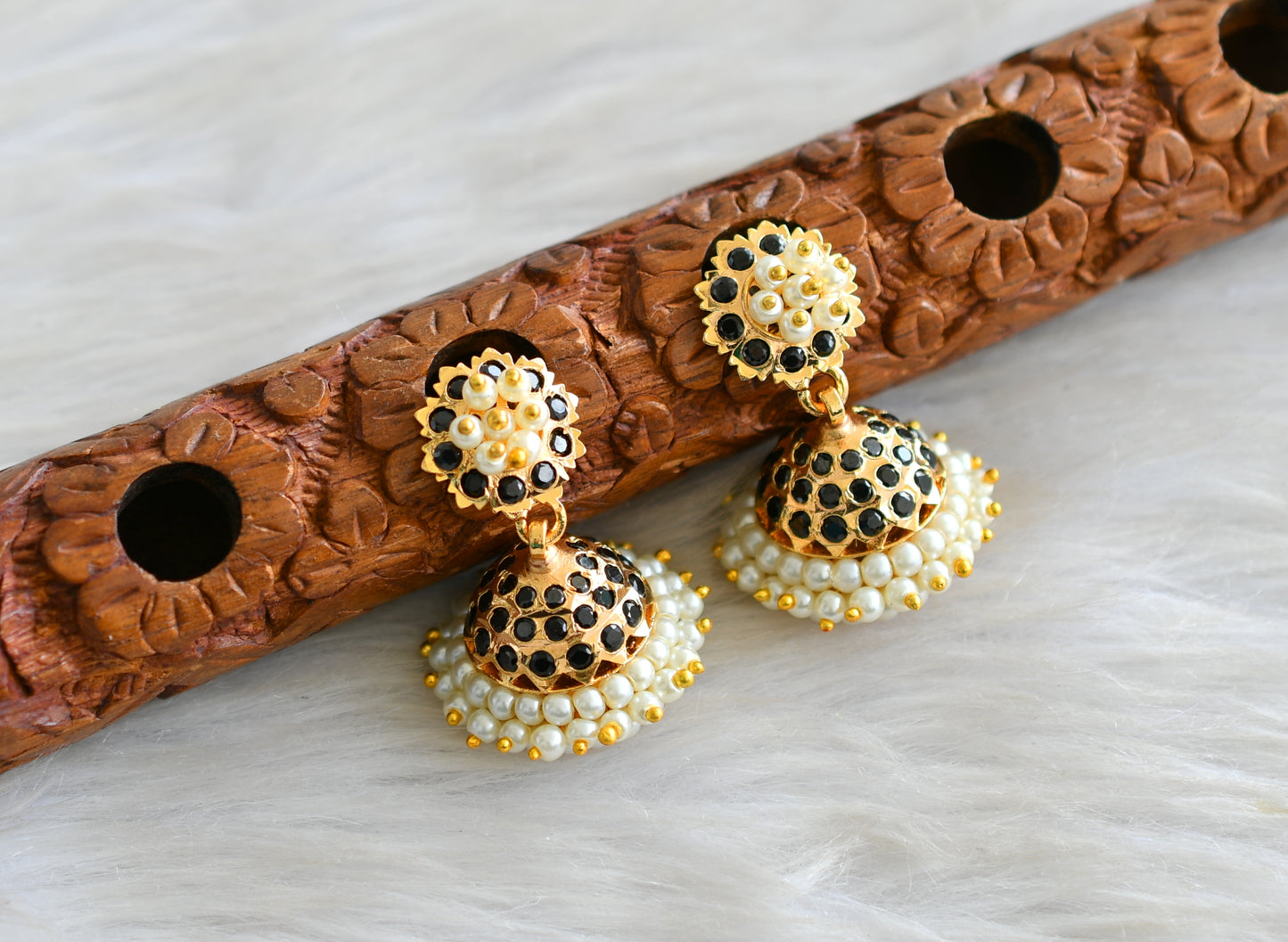 Gold tone South Indian style black pearl jhumkka dj-43034
