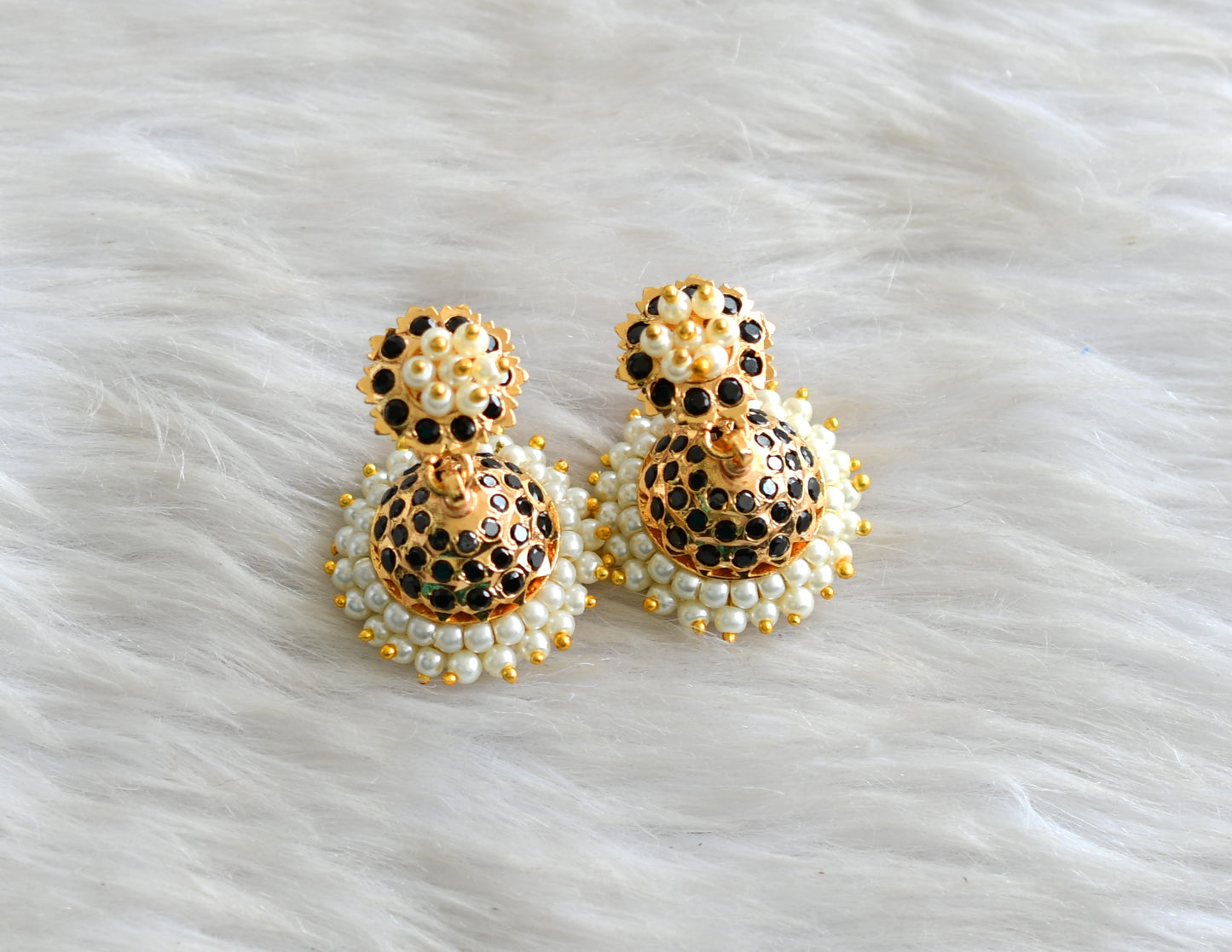 Gold tone South Indian style black pearl jhumkka dj-43034
