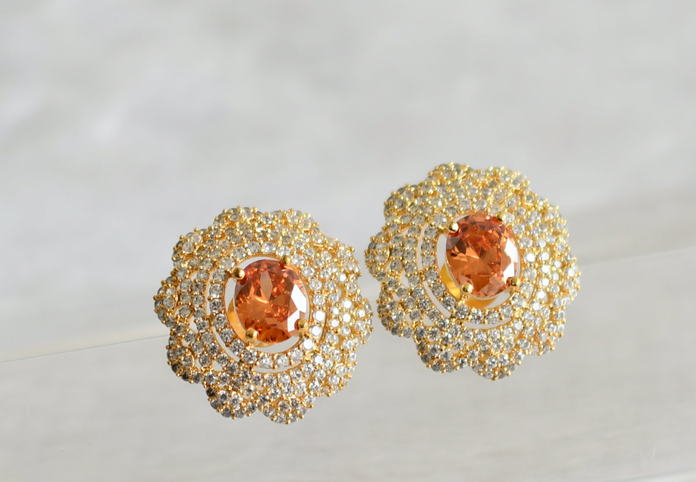 Gold tone cz gold stone big earrings dj-47915