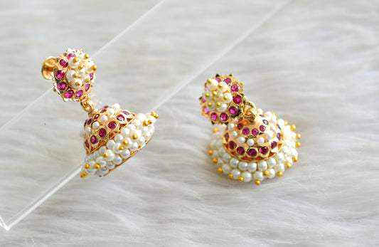 Gold tone South Indian style pink pearl jhumkka dj-43036