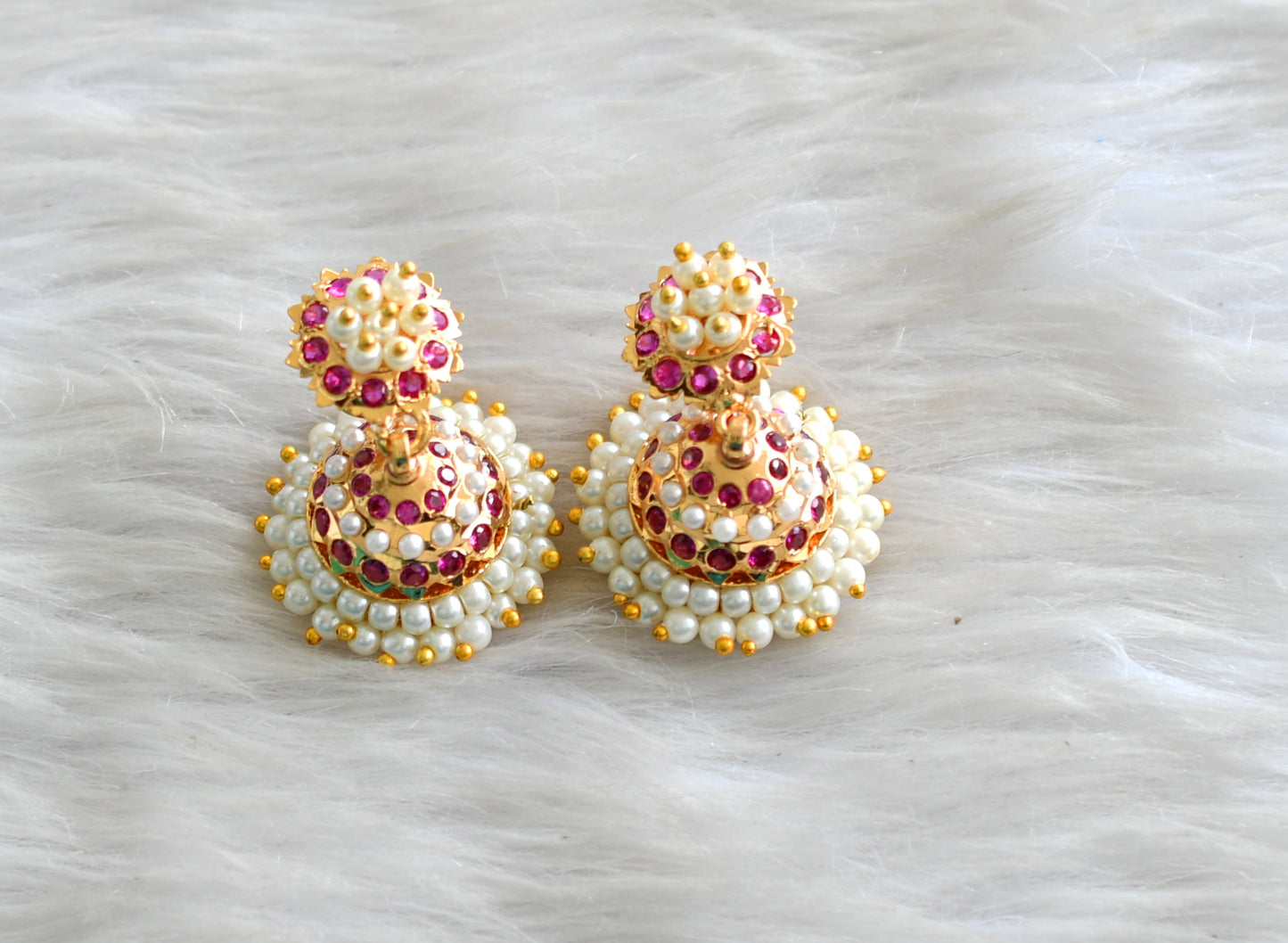 Gold tone South Indian style pink pearl jhumkka dj-43036