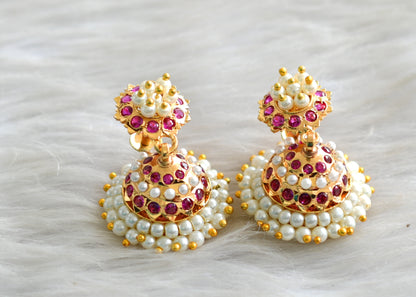 Gold tone South Indian style pink pearl jhumkka dj-43036